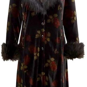 Betsey Johnson Torrid coat, black velvet with very subtle pattern and fur trim.